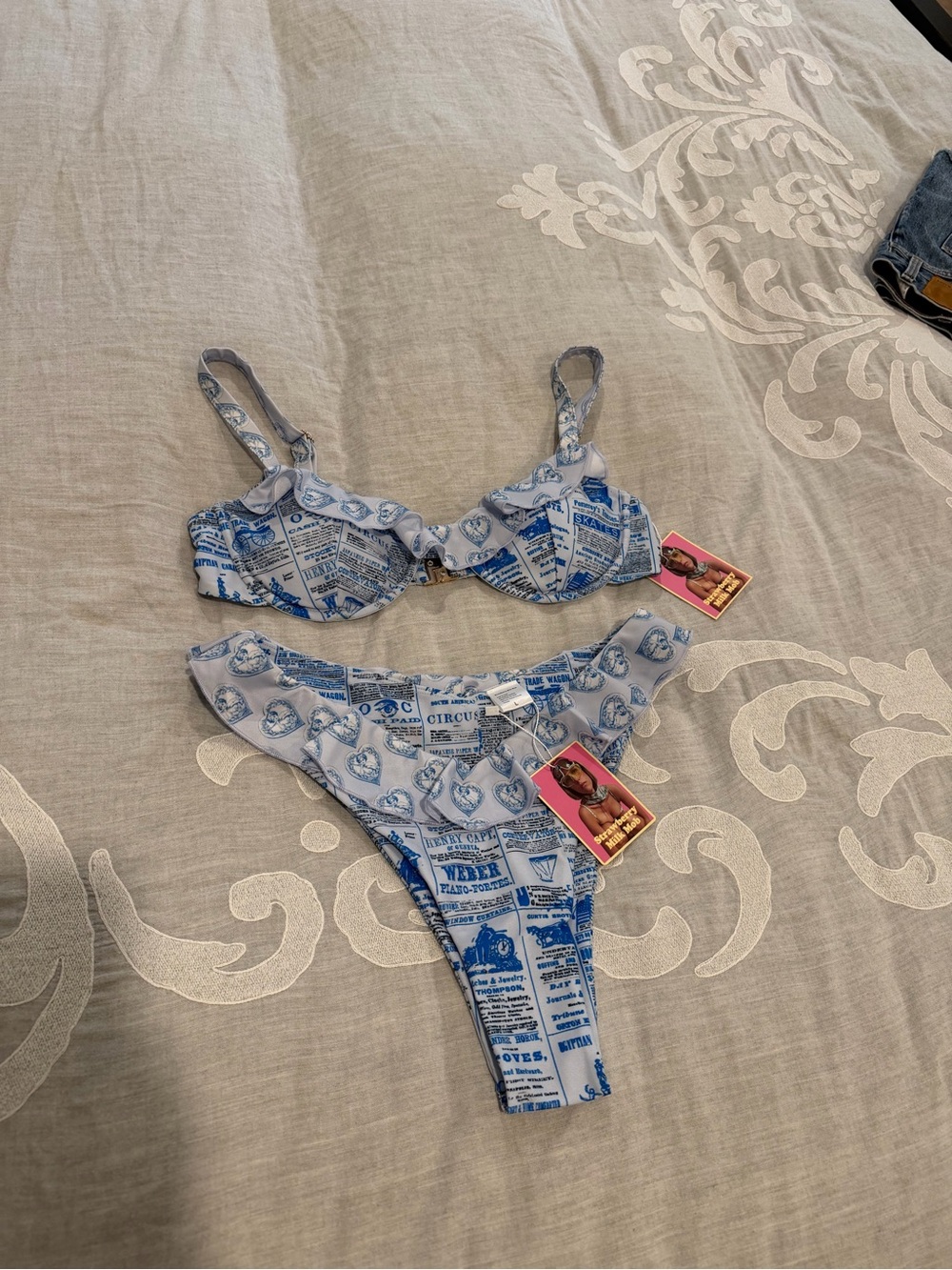 Strawberry Milk Mob Blue & White Newspaper Print Bikini Set